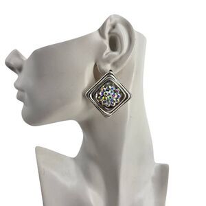 Vintage Aurora Borealis Rhinestone Clip-On Earrings Gold Tone 1.90”